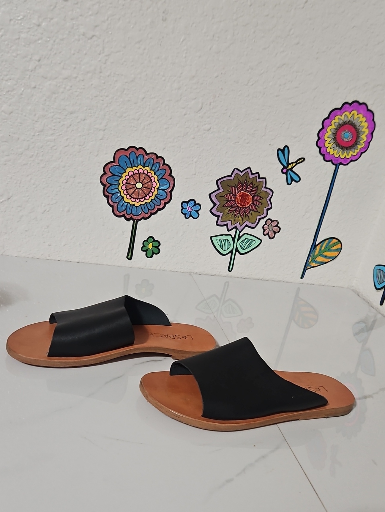 L*Space Black Leather Flat Slide Sandals